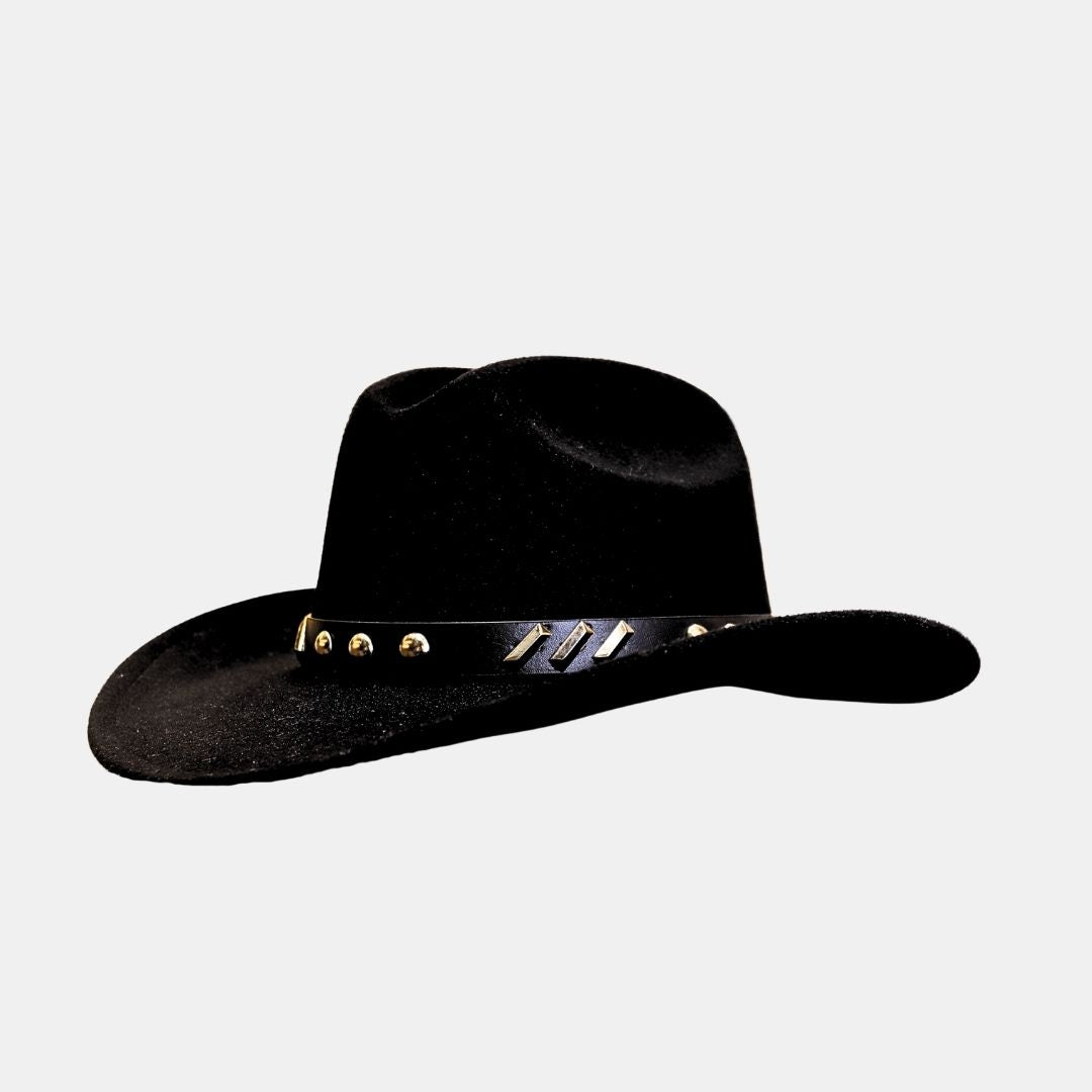 Side view of black studded cowboy hat with wide brim and premium western style