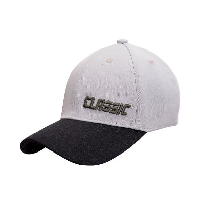 Menβs grey and black two-tone baseball cap front view with casual design