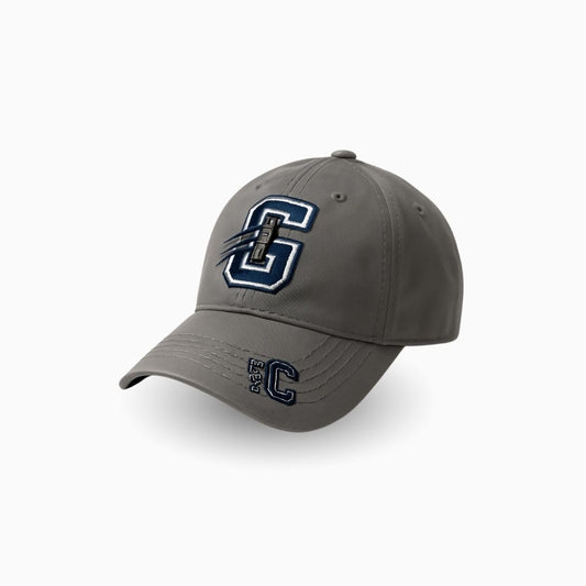 Side view of men’s grey baseball cap with embroidered letter G logo and curved brim casual design