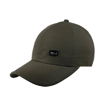 Menβs olive green baseball cap front view with curved brim and minimal design