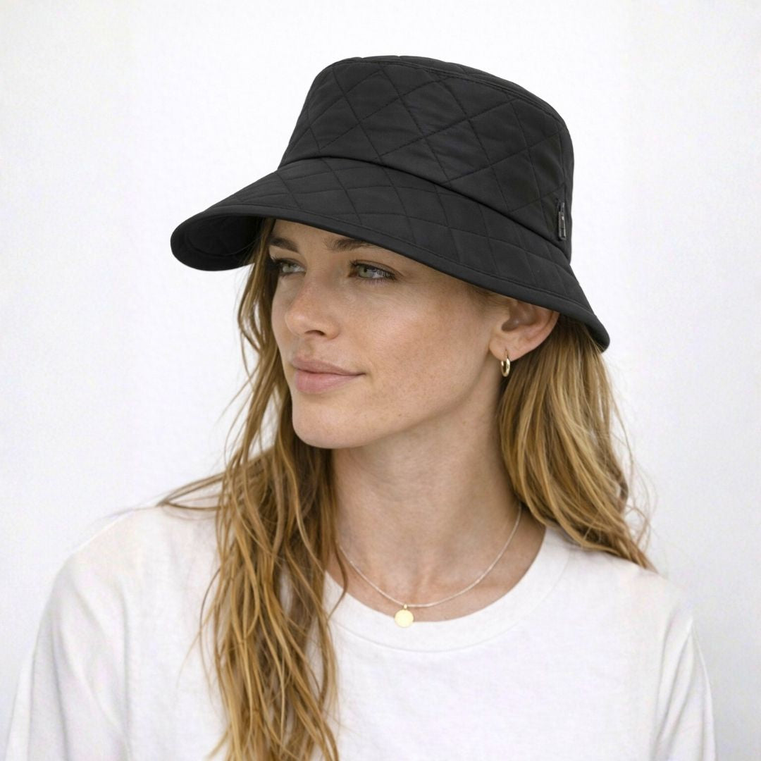 Black Quilted Luxe Bucket Hat Front View for Women