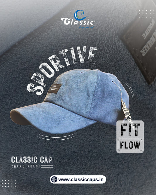 Side View Of Blue Sportive Suede Baseball Cap for Men