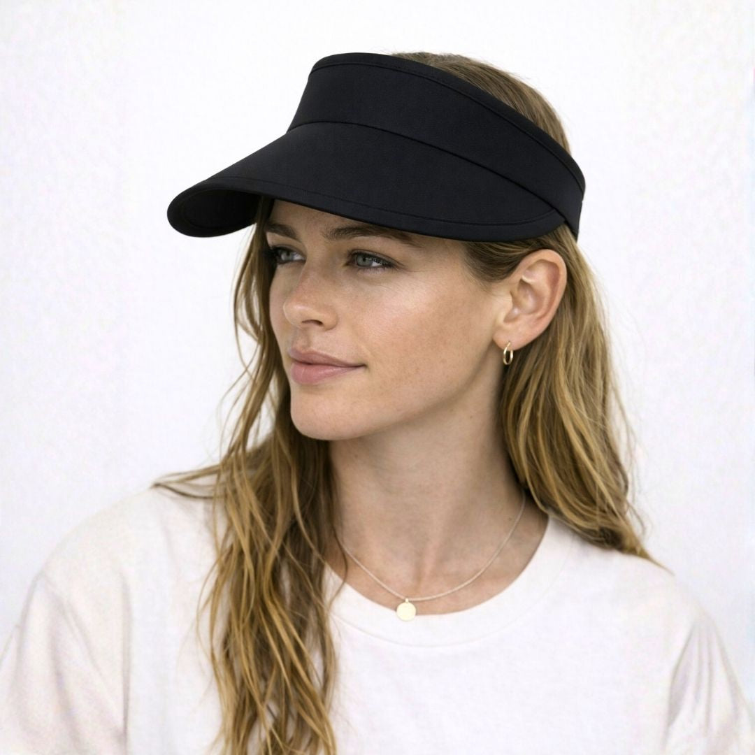 Front View of Midnight Black Luxe Sport Visor for Women