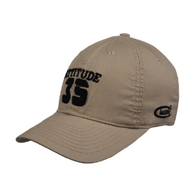 Side view of beige Attitude 35 embroidered baseball cap

