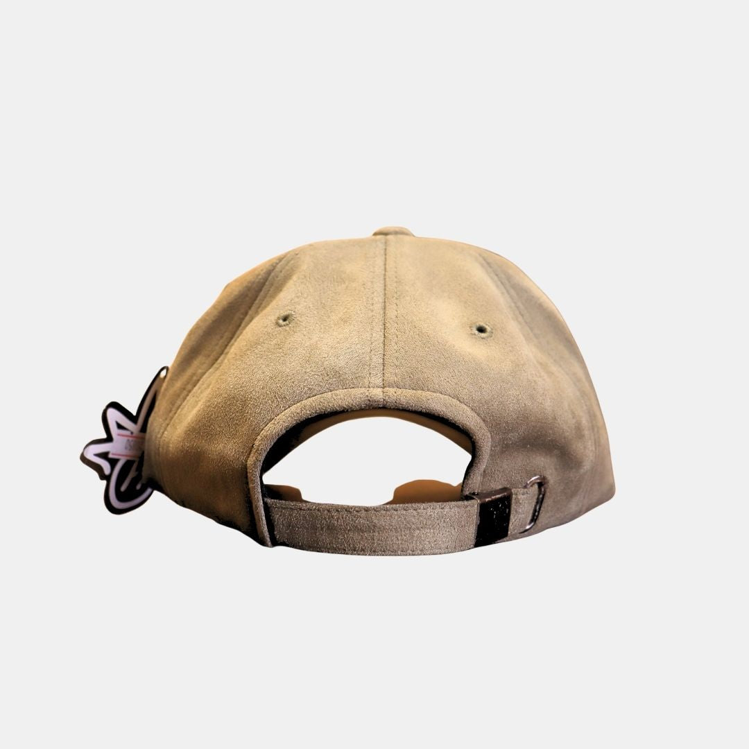 Back view of beige baseball cap with adjustable strap