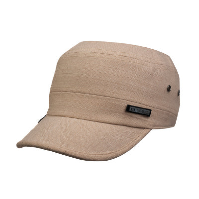 Men’s beige cotton military cap front view with curved brim and casual design