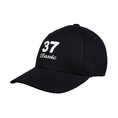 Side view of black 37 embroidered baseball cap