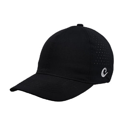 Side view of black ventilated sports cap with airflow panels