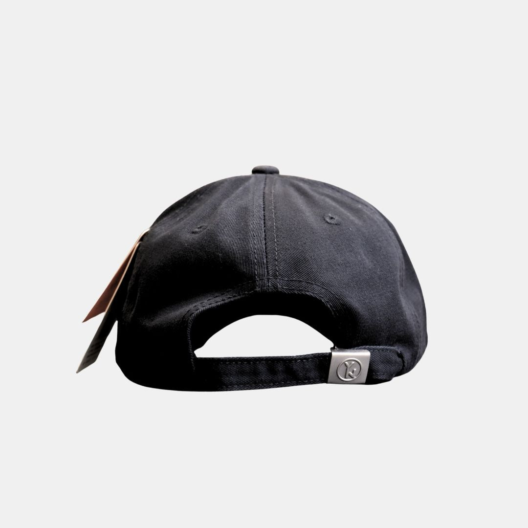  Back view of black distressed baseball cap with adjustable strap