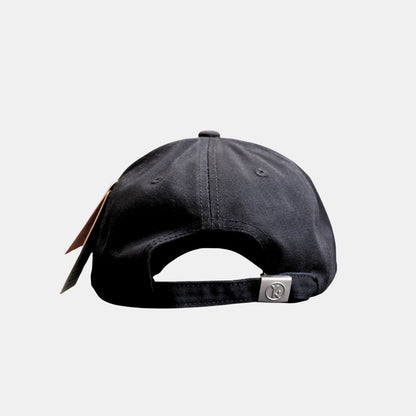  Back view of black distressed baseball cap with adjustable strap