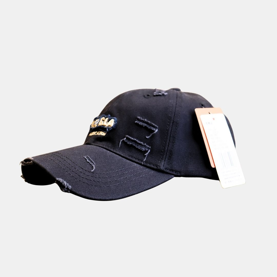  Side view of black distressed baseball cap with embroidery