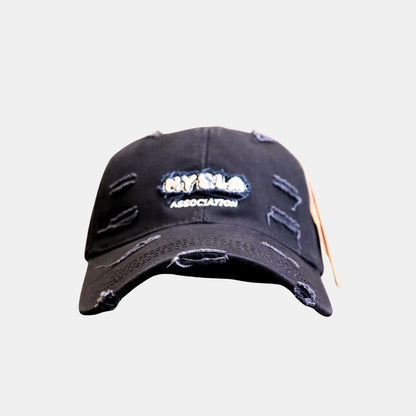 Men’s black distressed embroidered baseball cap front view