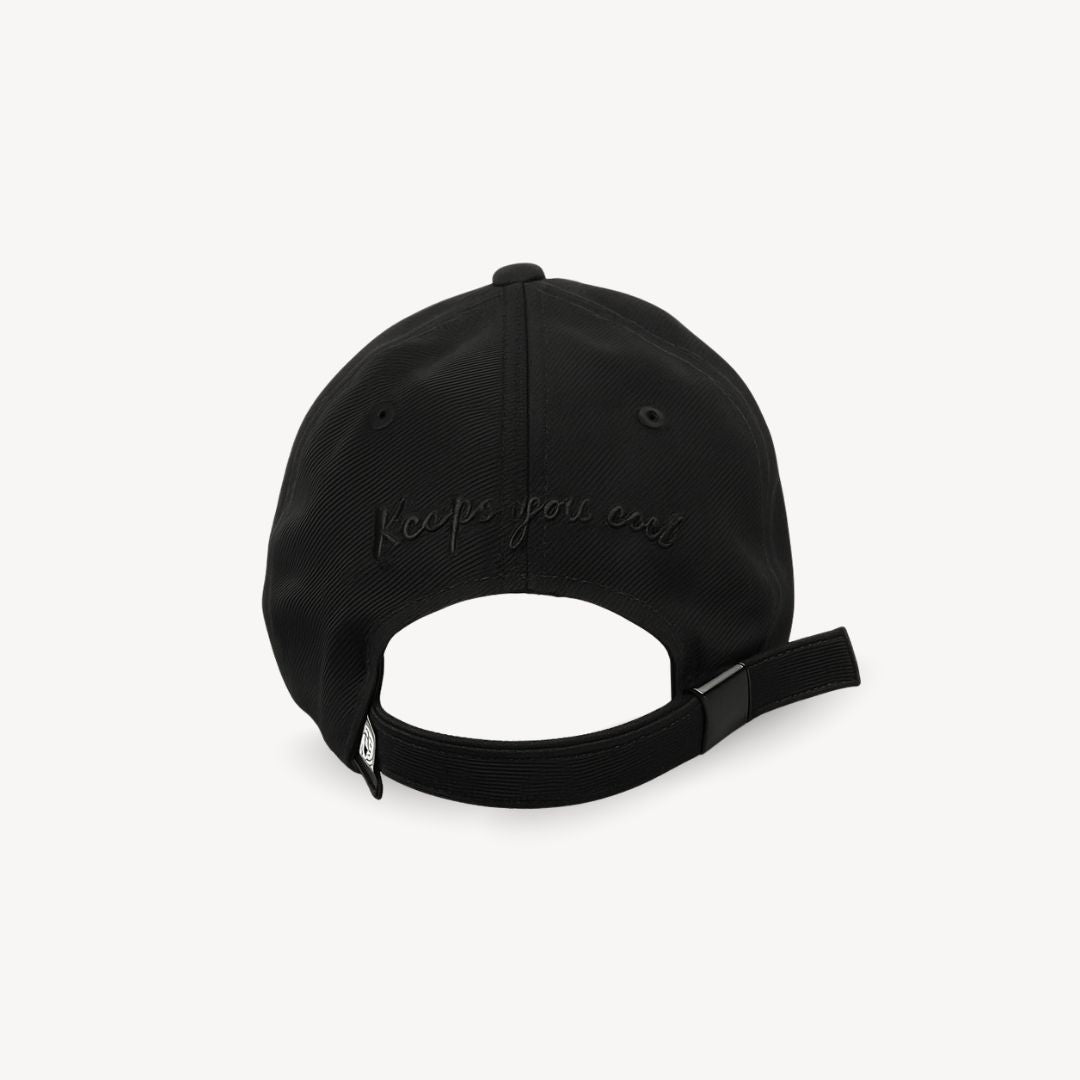 Back view of black obsidian monogram baseball cap with adjustable strap and comfortable fit

