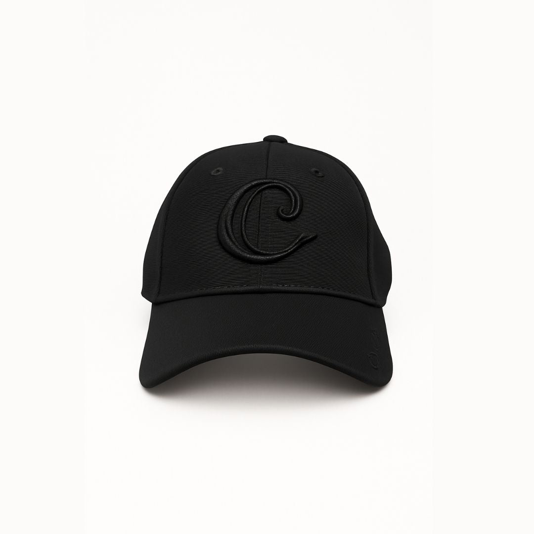 Men’s black obsidian monogram baseball cap front view with stylish logo and curved brim