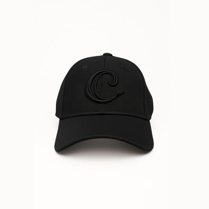 Men’s black obsidian monogram baseball cap front view with stylish logo and curved brim