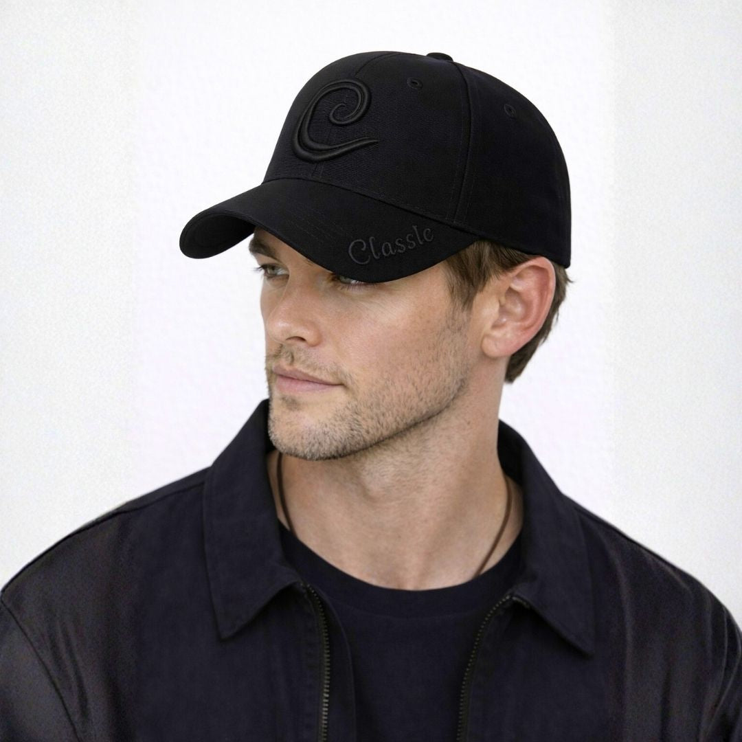 Men’s black obsidian monogram baseball cap front view with stylish logo and curved brim