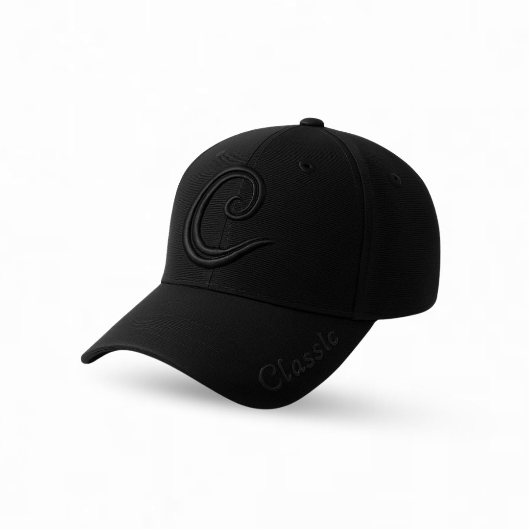 Side view of black obsidian monogram baseball cap with modern casual design