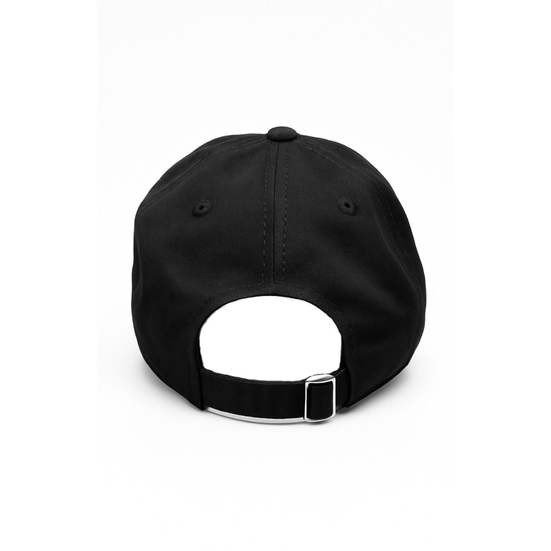 Back view of black Shadow 35 baseball cap with adjustable strap and comfortable fit
