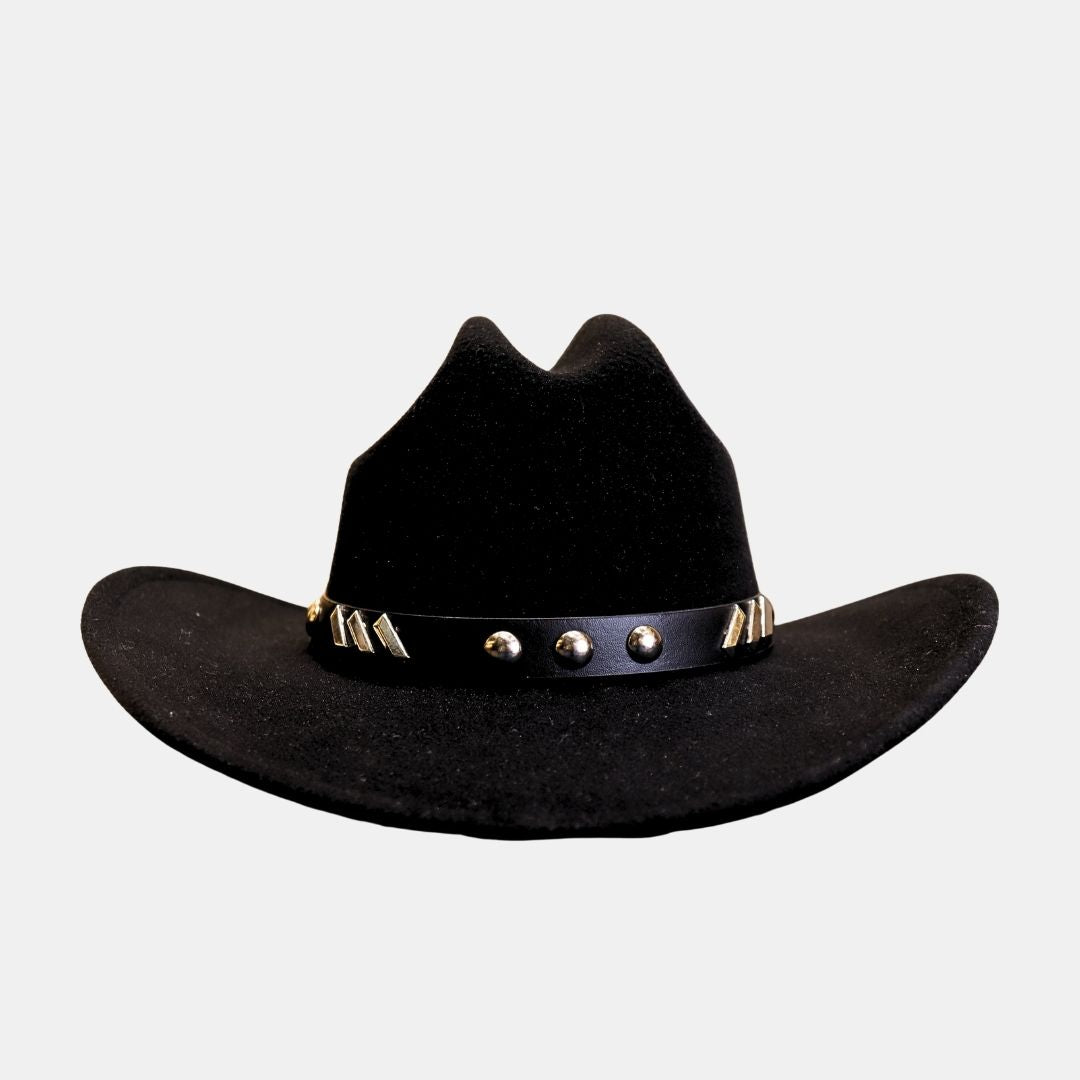 Black studded cowboy hat with wide brim and western rodeo style for men and women