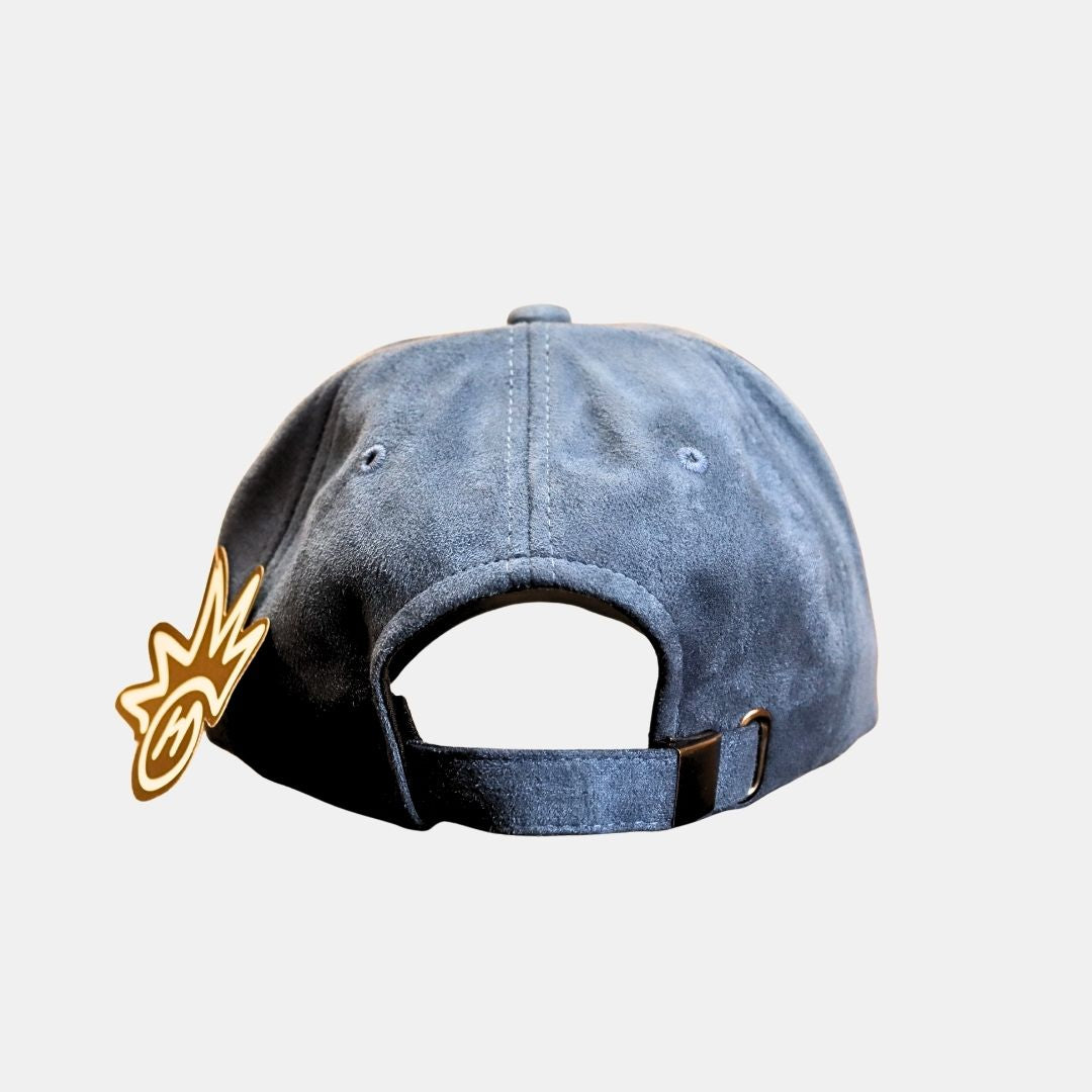 Back view of blue baseball cap with adjustable strap

