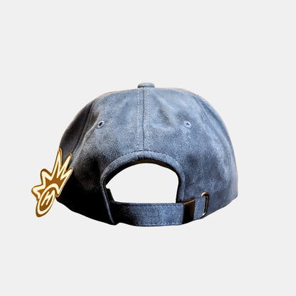 Back view of blue baseball cap with adjustable strap

