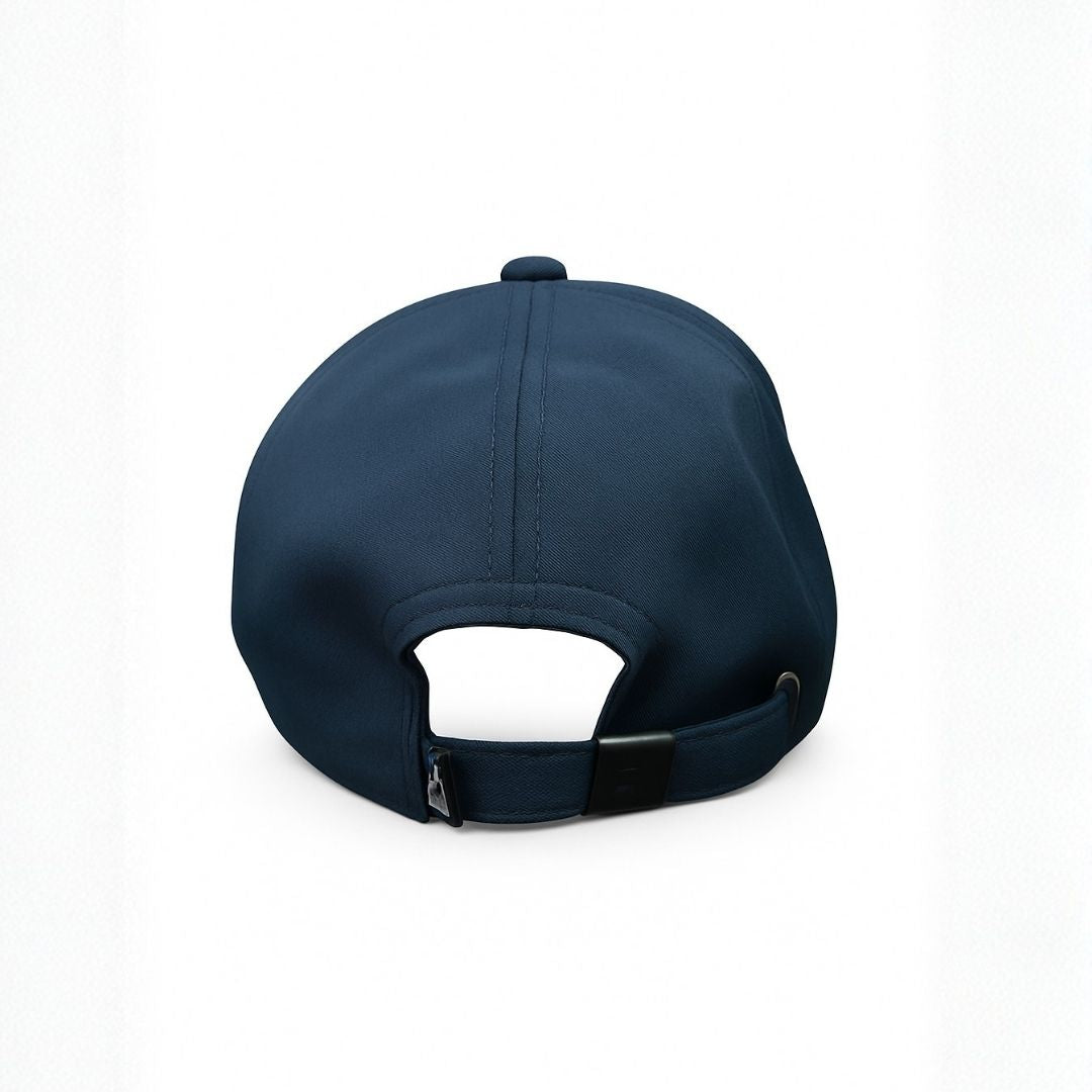 Back view of blue cotton Expert baseball cap with adjustable strap and comfortable fit