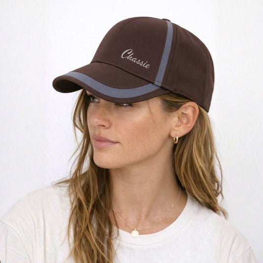 Women’s brown Chassie baseball cap front view with logo and curved brim casual sport hat