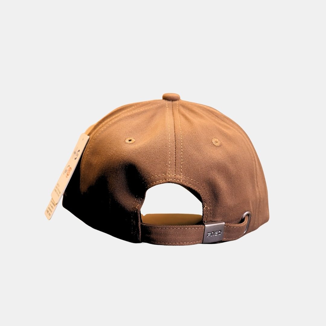 Back view of brown baseball cap with adjustable strap