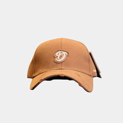 Men’s brown D logo embroidered baseball cap front view casual design

