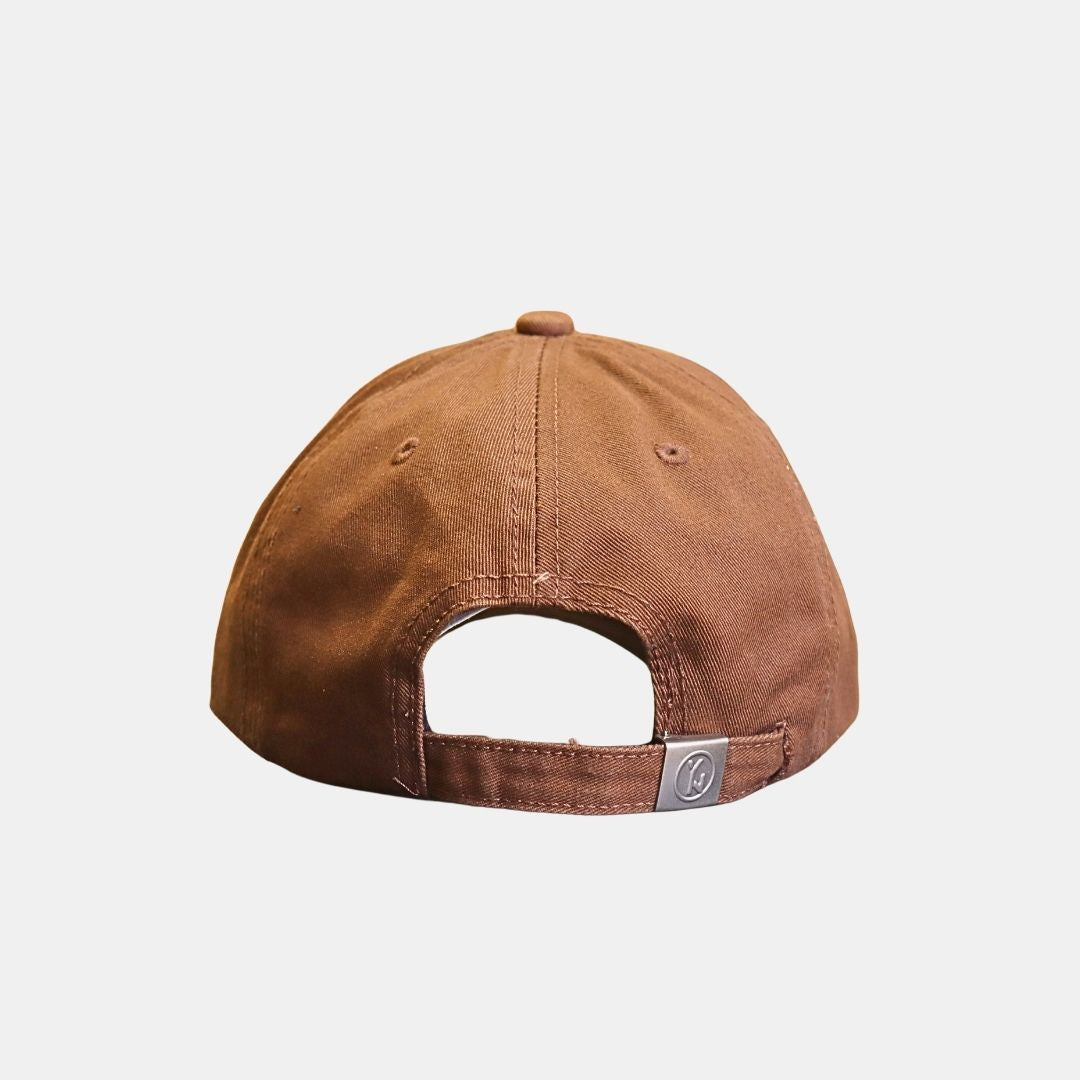 Back view of brown distressed baseball cap with adjustable strap