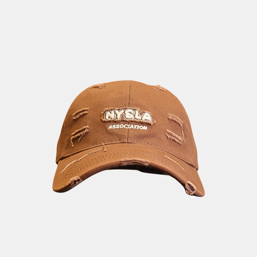  Men’s brown distressed embroidered baseball cap front view