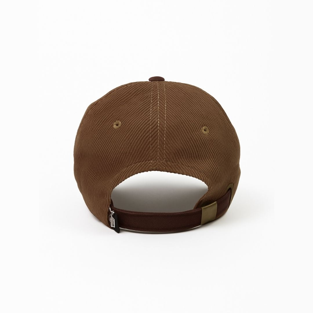 Back view of brown cotton LFT baseball cap with adjustable strap and comfortable fit