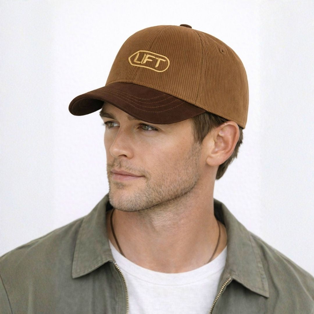 Men’s brown LFT baseball cap front view with embroidered logo and curved brim casual hat