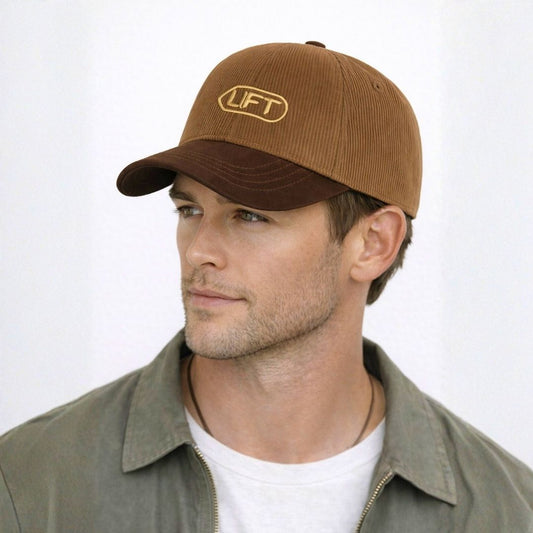 Men’s brown LFT baseball cap front view with embroidered logo and curved brim casual hat