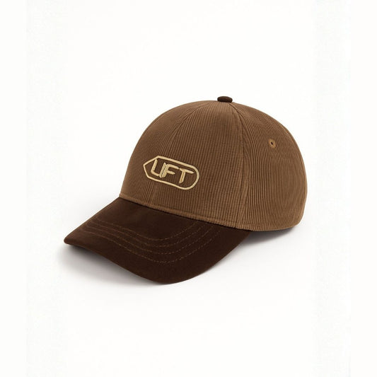 Side view of men’s brown LFT baseball cap with curved brim and casual cotton design