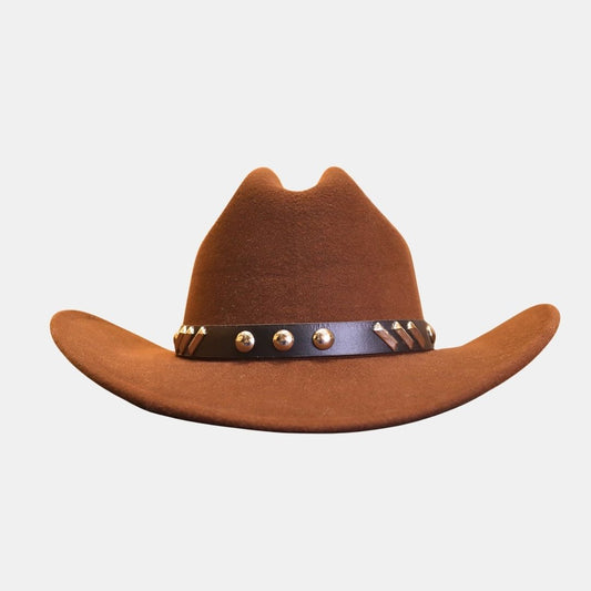 Brown studded cowboy hat with wide brim and western rodeo style for men and women