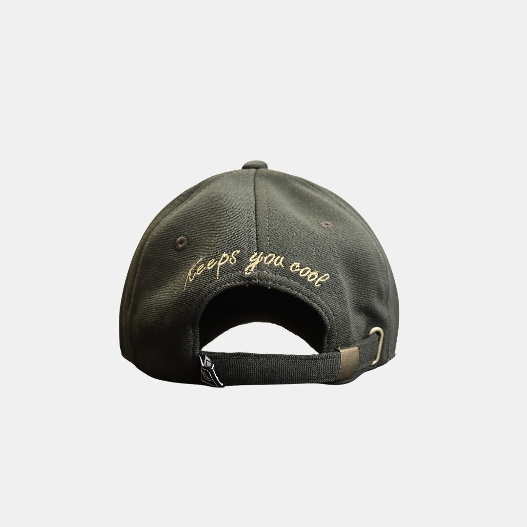 Back view of C embroidered cap with adjustable strapv