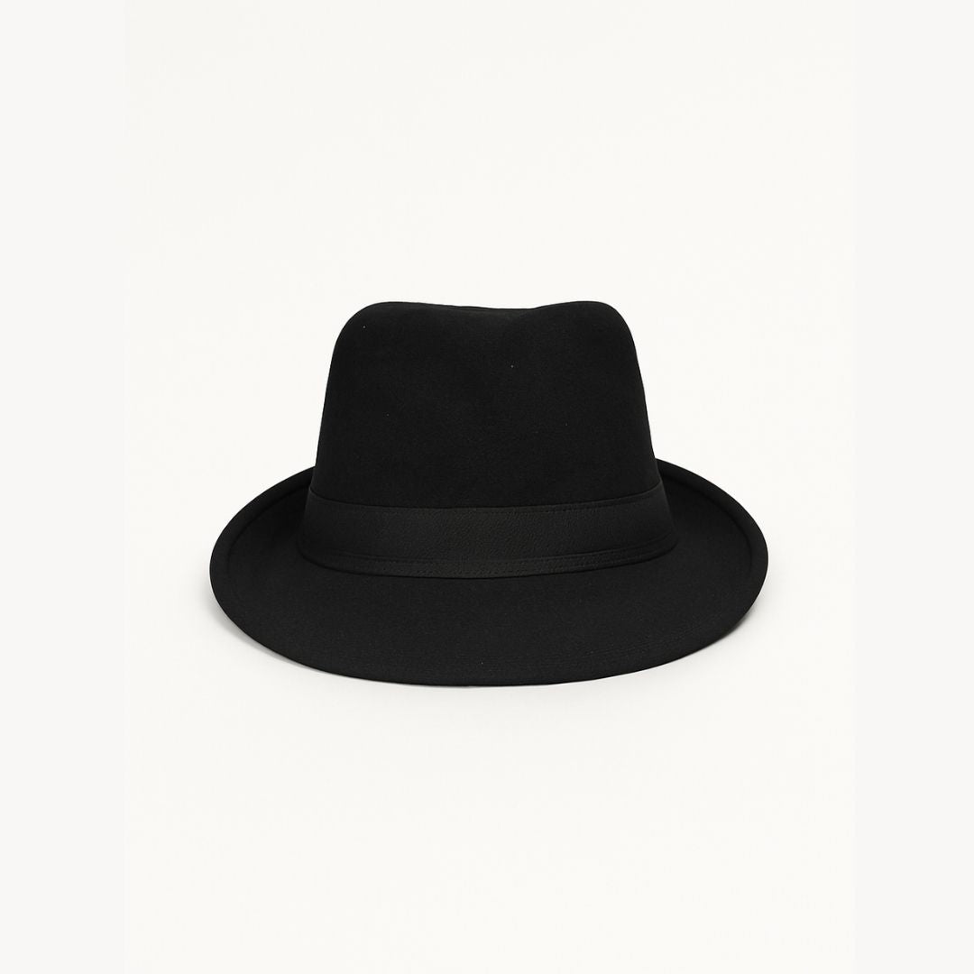 Back view of charcoal prestige fedora hat with structured design and premium finish