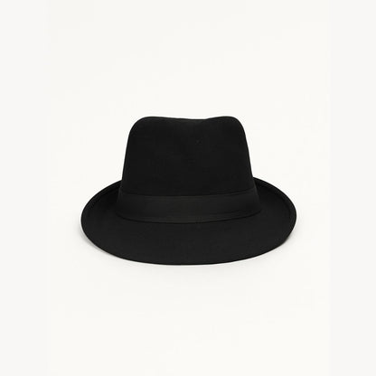 Back view of charcoal prestige fedora hat with structured design and premium finish