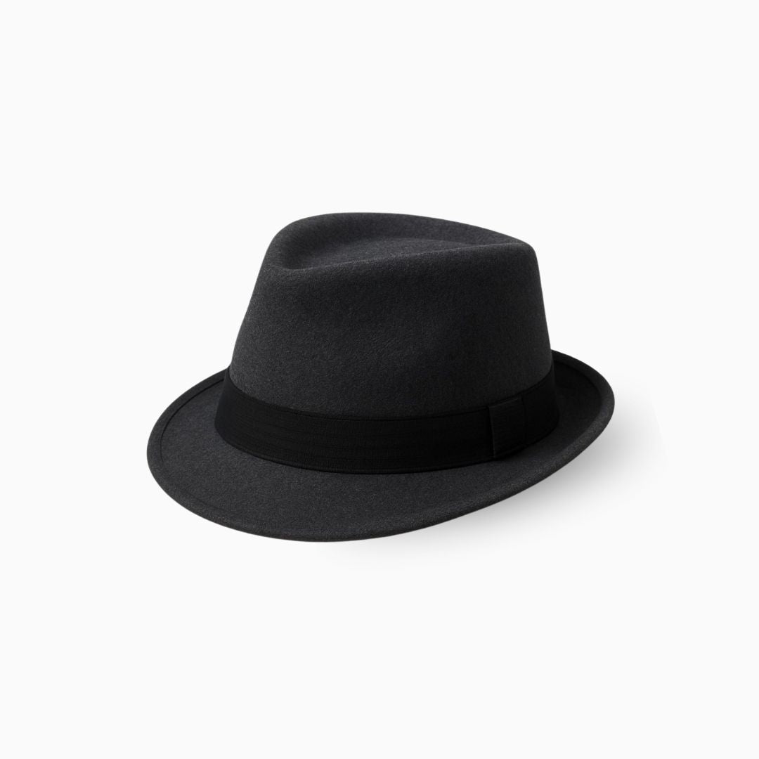 Men’s charcoal prestige fedora hat front view with classic structured design and elegant style
