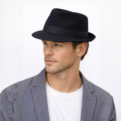 Men’s charcoal prestige fedora hat front view with classic structured design and elegant style

