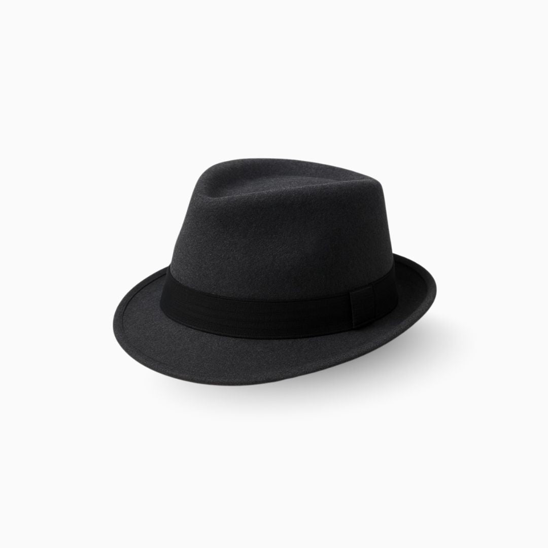 Side view of charcoal prestige fedora hat with curved brim and classic formal style