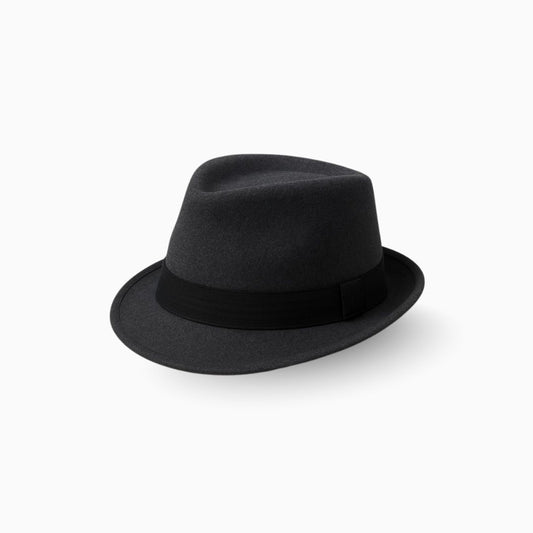 Side view of charcoal prestige fedora hat with curved brim and classic formal style