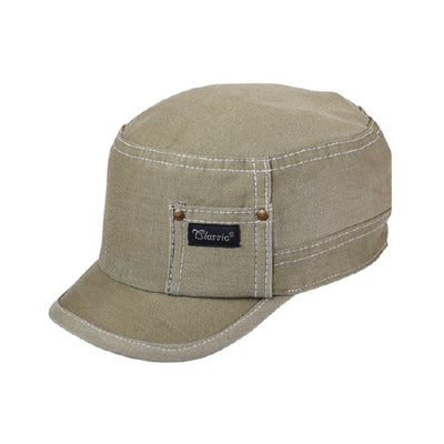 Side view of classic military cadet cap with structured flat top design