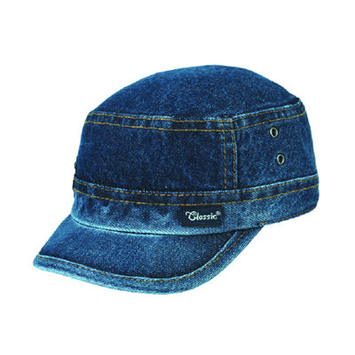 Side view of denim cadet cap with structured design and casual style