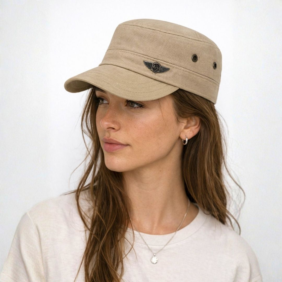 Men’s desert cadet cap front view with structured military design and short brim casual hat