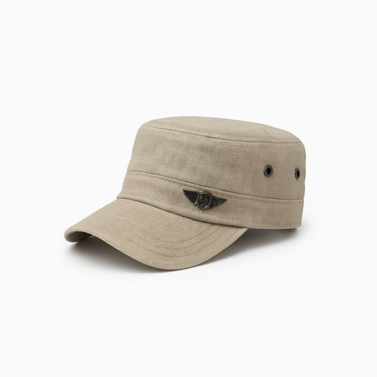 Side view of desert cadet cap with short brim and structured military style design