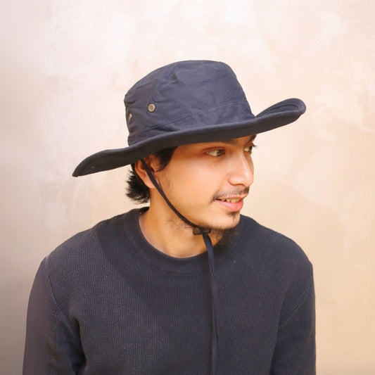 Men’s explorer wide brim hat front view with chin strap and outdoor design