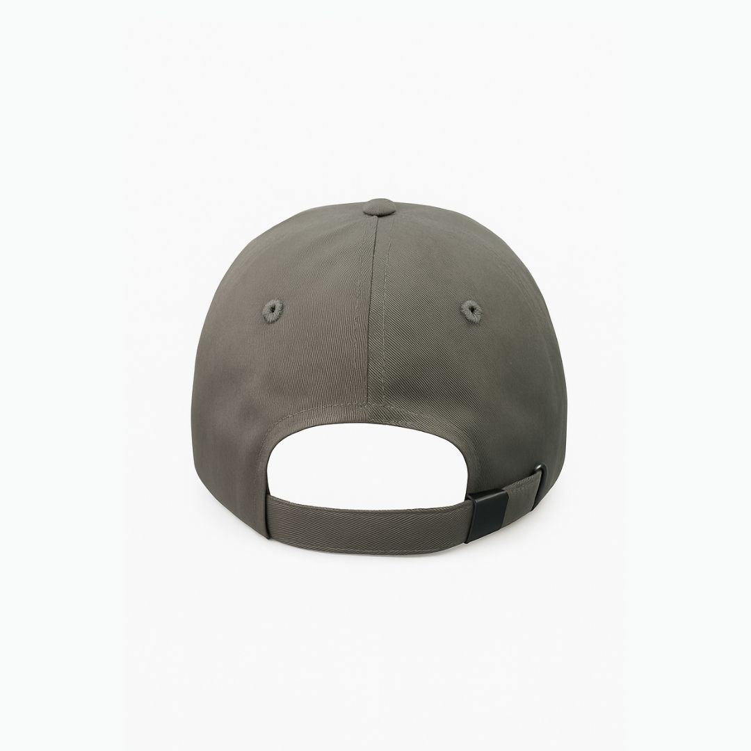 Back view of grey cotton baseball cap with adjustable strap and comfortable fit for men