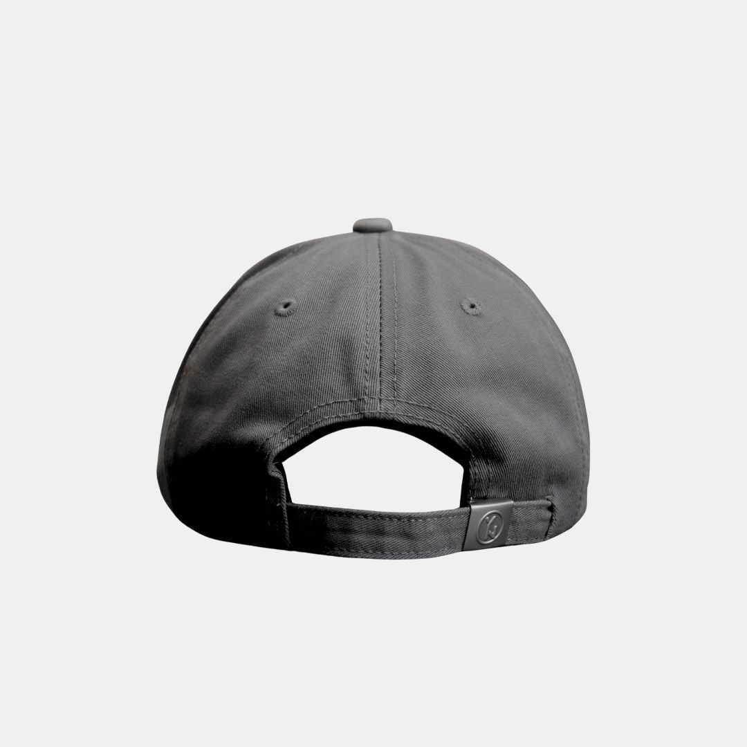  Back view of grey distressed baseball cap with adjustable strap